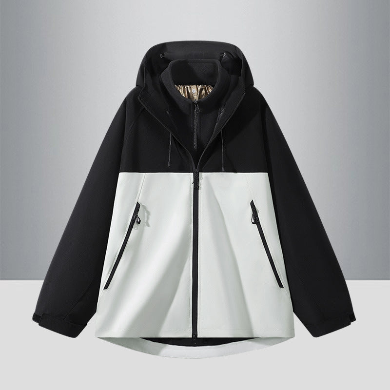 Herren Zweifarbige Softshell-Hybridjacke mit Kapuze, verlängerter Rücken und wasserabweisenden Reißverschlüssen Drune
