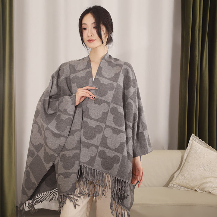 Damen Oversize-Poncho mit Fransen und figurativem Jacquardmuster aus Wollmix Drune