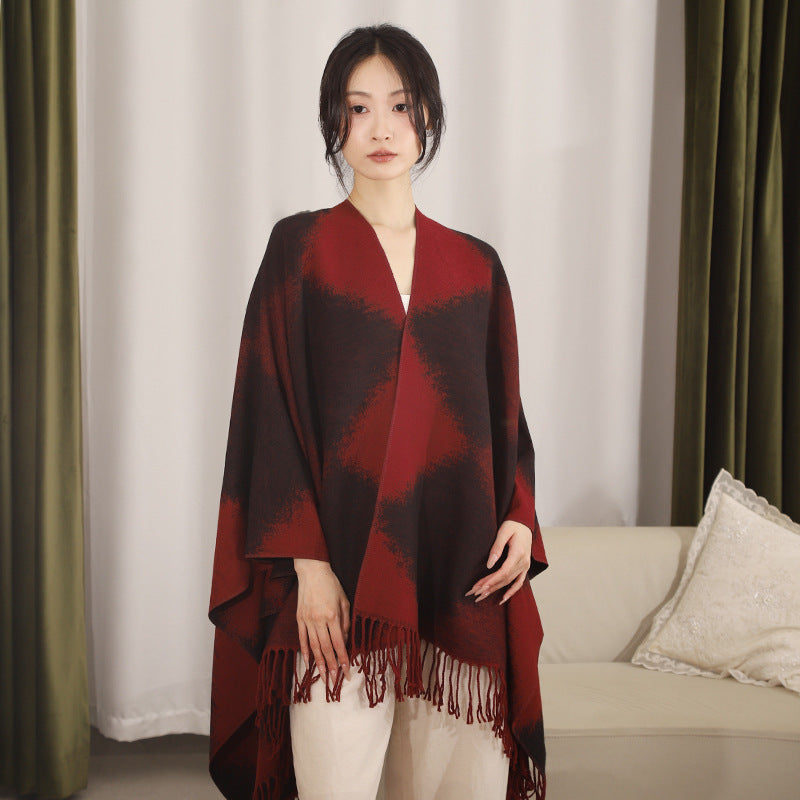 Damen Oversize-Poncho aus Wollmix mit verwaschenem Karo und Fransensaum Drune