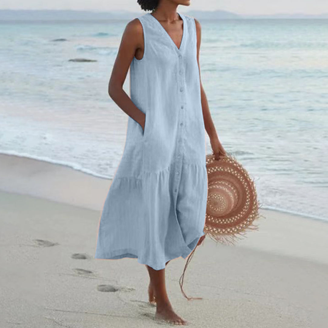 Damen luftiges Maxikleid mit Knopfleiste und praktischen Taschen Drune