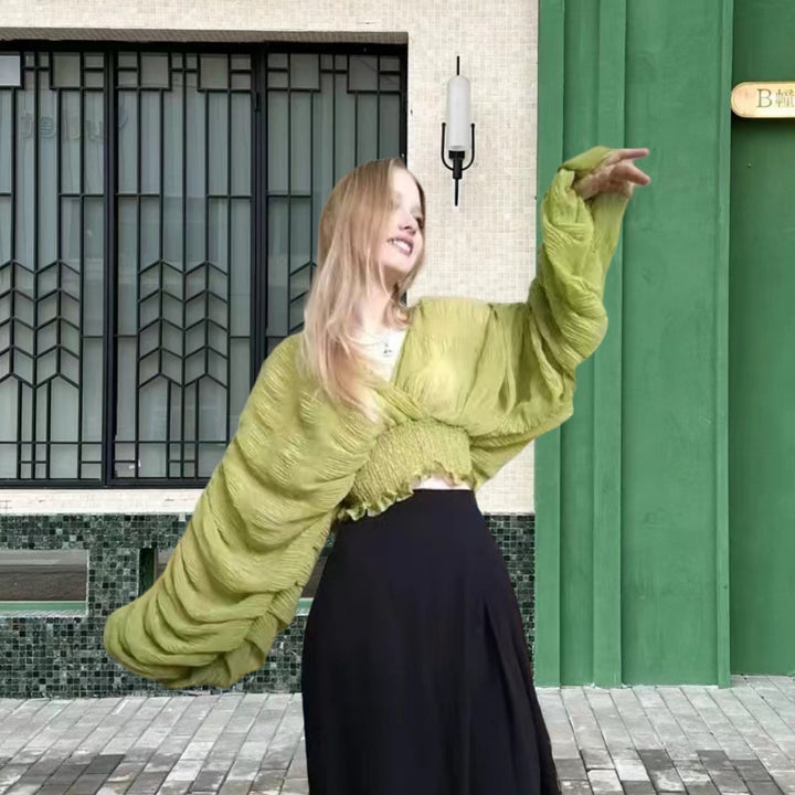 Damen Wickelbluse mit voluminösen Ärmeln und elegantem Design Drune