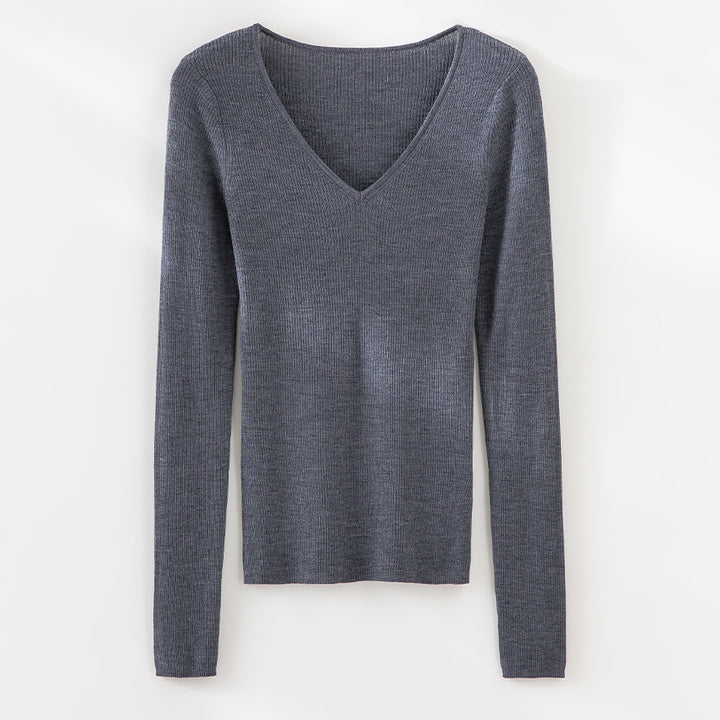 Damen Feiner gerippter Feinstrickpullover mit V-Ausschnitt und taillierter Silhouette Drune