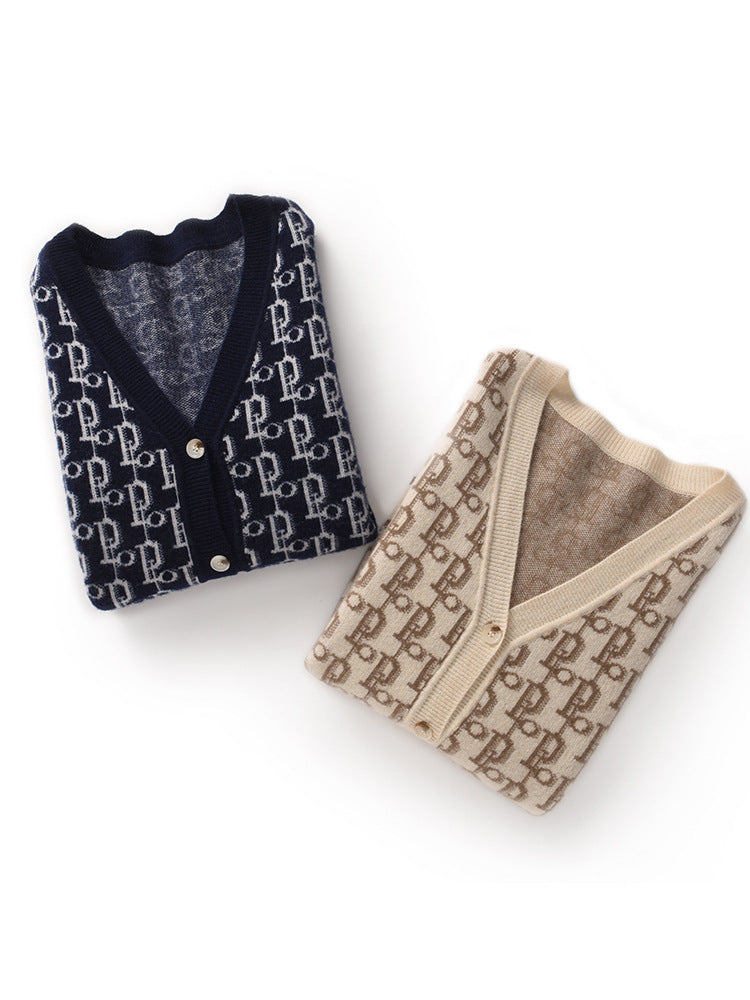 Damen Gemusterter Jacquard-Strickcardigan mit V-Ausschnitt und Perlmuttknöpfen Drune