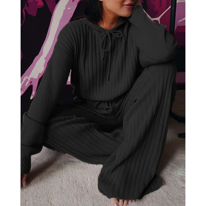 Damen Geripptes Strick-Loungewear-Set mit Kapuzenpullover und weiter Kordelzughose Drune