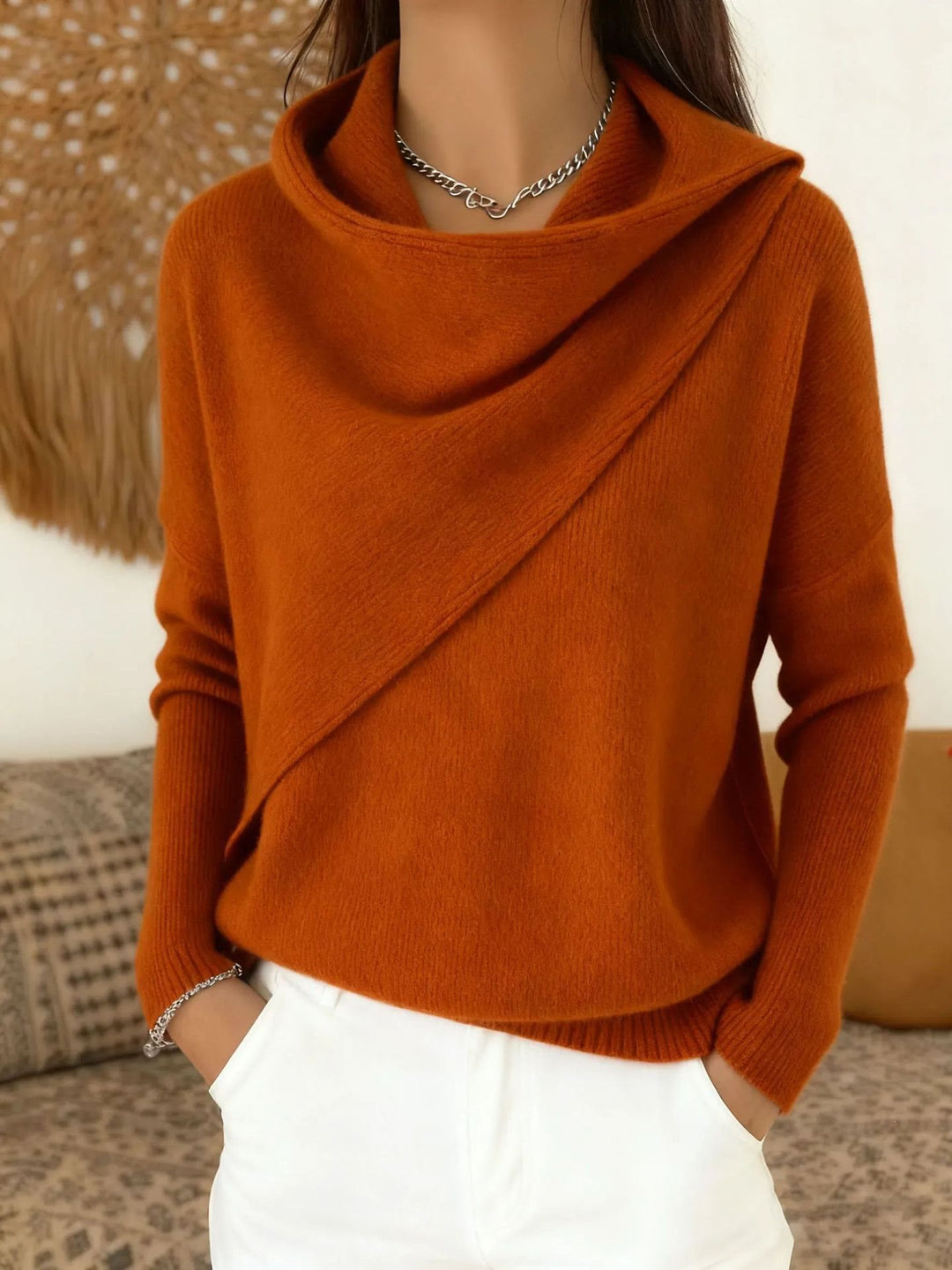 Damen Asymmetrischer Grobstrick-Pullover mit Schalkragen Drune