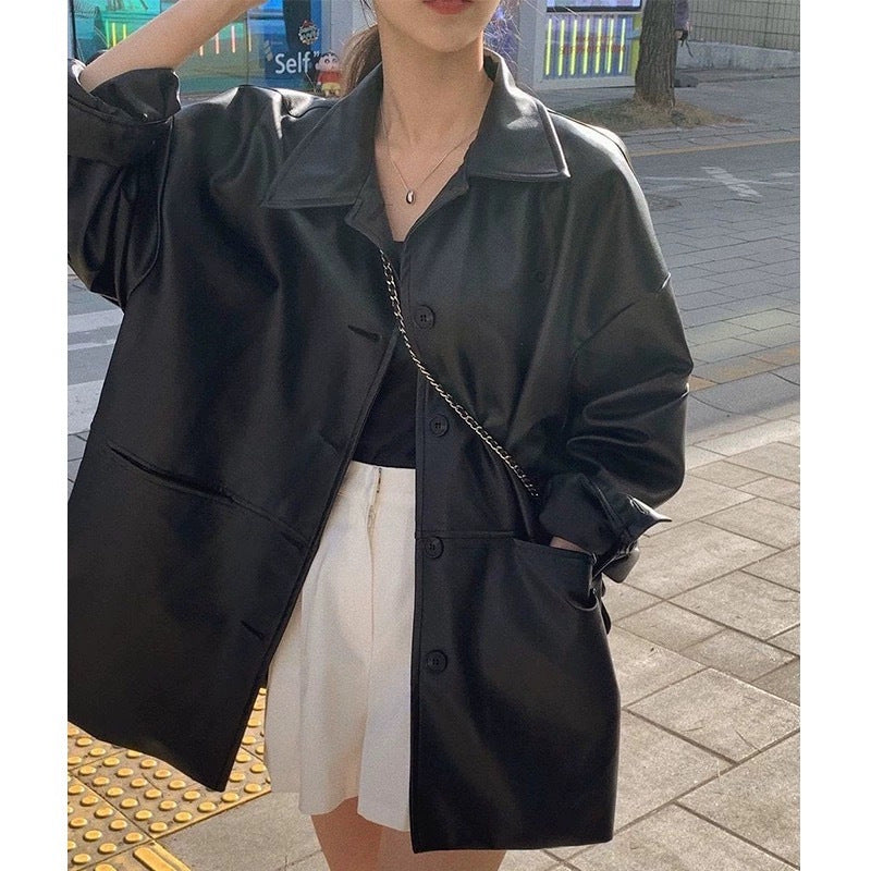 Damen Modische Longjacke aus hochwertigem Kunstleder mit praktischen Taschen und lässigem Schnitt Drune