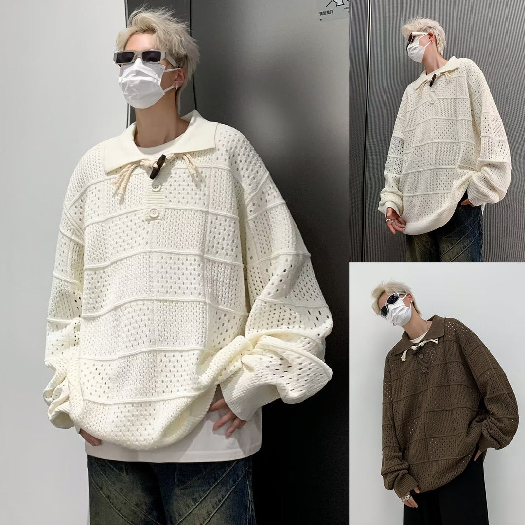 Herren Modischer Grobstrick Pullover mit Stehkragen und Knopfleiste Drune