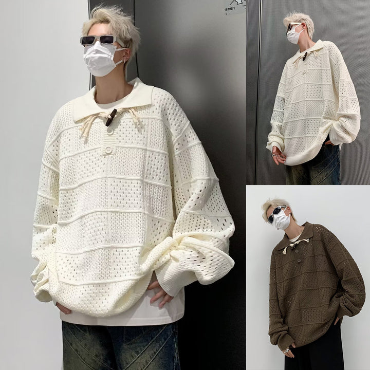 Herren Modischer Grobstrick Pullover mit Stehkragen und Knopfleiste Drune