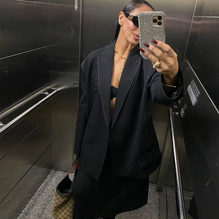 Damen Doppelreihiger Oversize-Mantelblazer mit markanter Schulterpartie & Ziersteppungen Drune