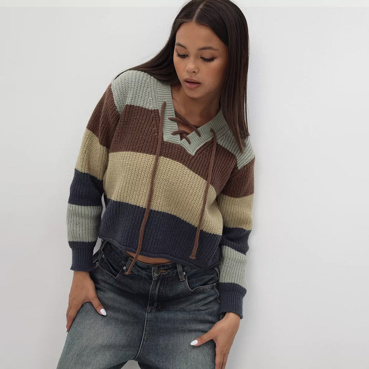 Damen Strickpullover mit lässigem V-Ausschnitt und dekorativem Schnürdetail Drune