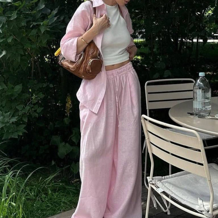 Damen nan luftiges Leinen-Loungeset mit Oversize-Hemd und weiter Bundhose mit Gummizug Drune