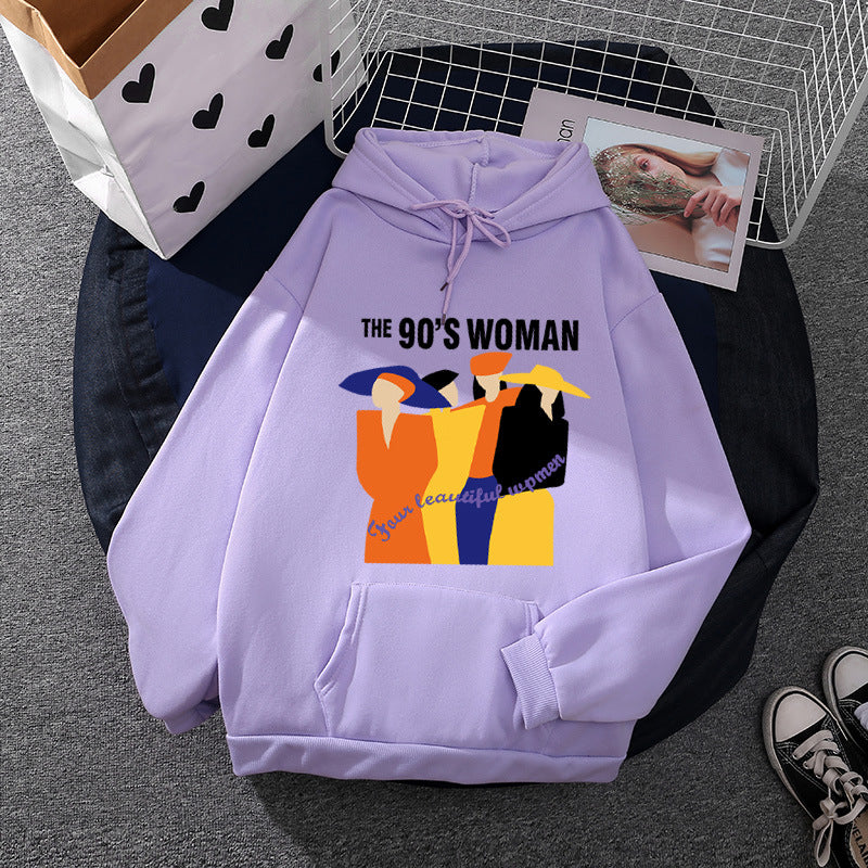 Damen nan weit geschnittener Kapuzenpullover mit Neunzigerjahre-Illustrationsprint, angerautem Fleece und Kängurutasche Drune