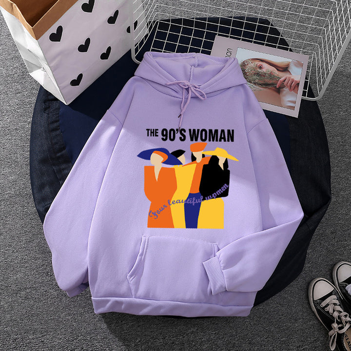 Damen nan weit geschnittener Kapuzenpullover mit Neunzigerjahre-Illustrationsprint, angerautem Fleece und Kängurutasche Drune