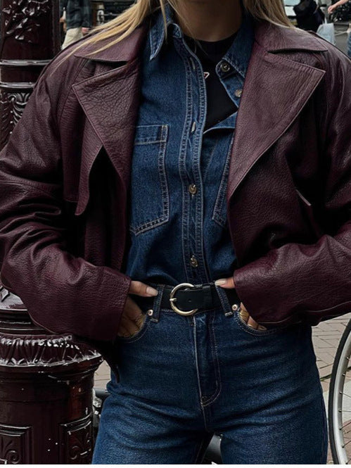 Damen lässige Kunstlederjacke im modernen Oversized-Stil Drune