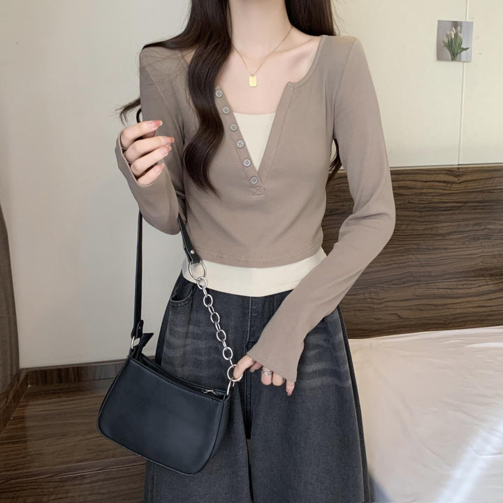 Damen Langarmshirt mit Knopfleiste und Rundhalsausschnitt Drune