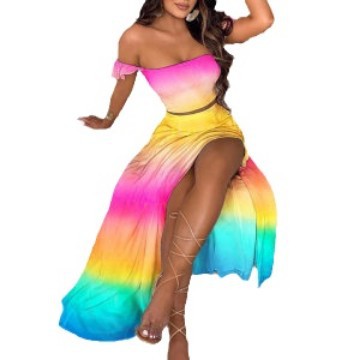 Damen Maxikleid mit schulterfreiem Design und buntem Farbverlauf Drune