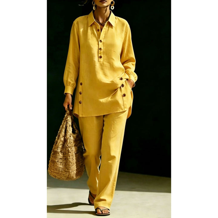 Damen Leichtes Oversize-Hemd-Tunika mit Zierknöpfen und Gerader Bundhose Drune