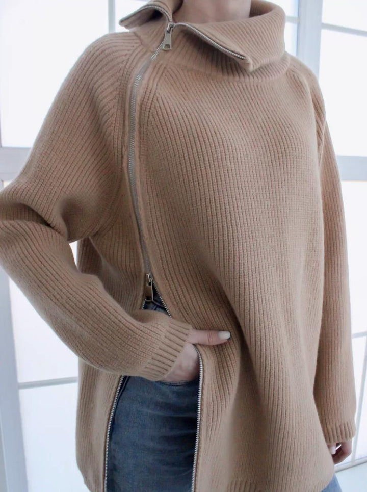 Damen Oversized Pullover mit asymmetrischem Reißverschluss und hochgeschlossenem Kragen Drune