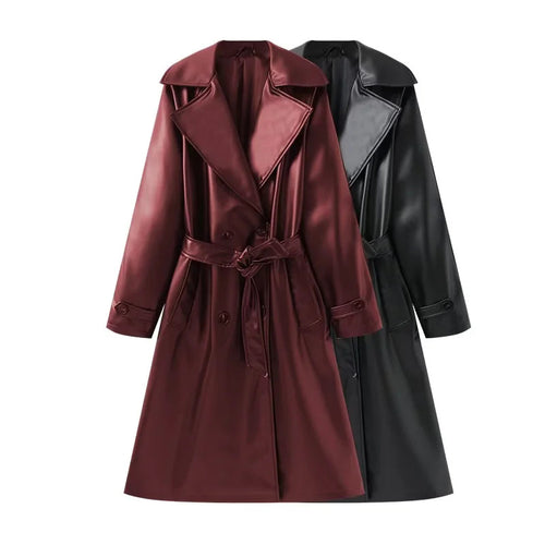 Damen nan lang geschnittener Trenchcoat aus veganem Lederimitat mit weitem Schalkragen und Bindegürtel Drune
