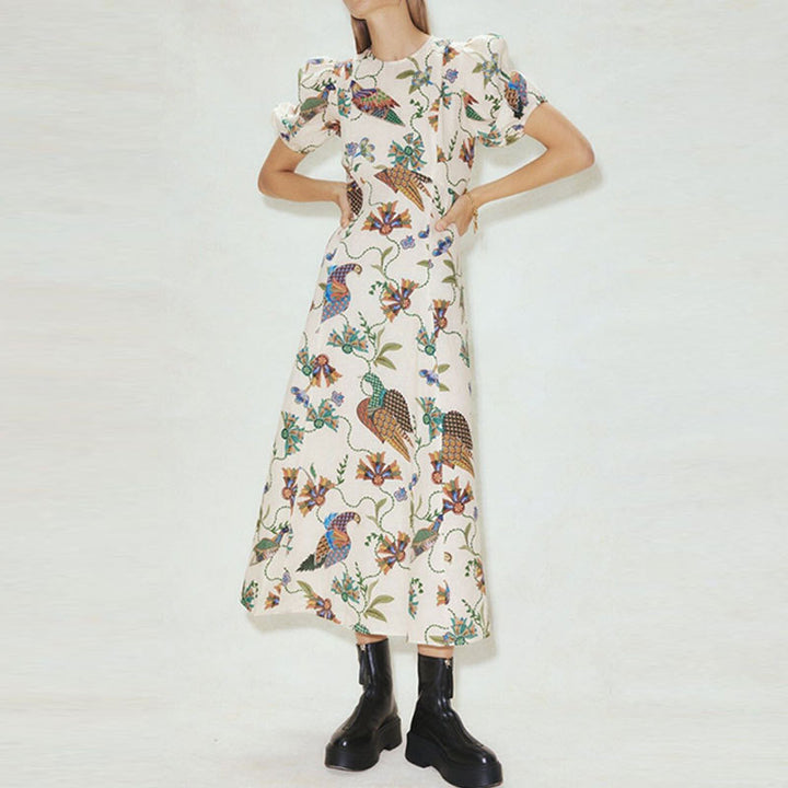 Damen Maxikleid mit kunstvollem Blumenmuster und voluminösen Ärmeln Drune