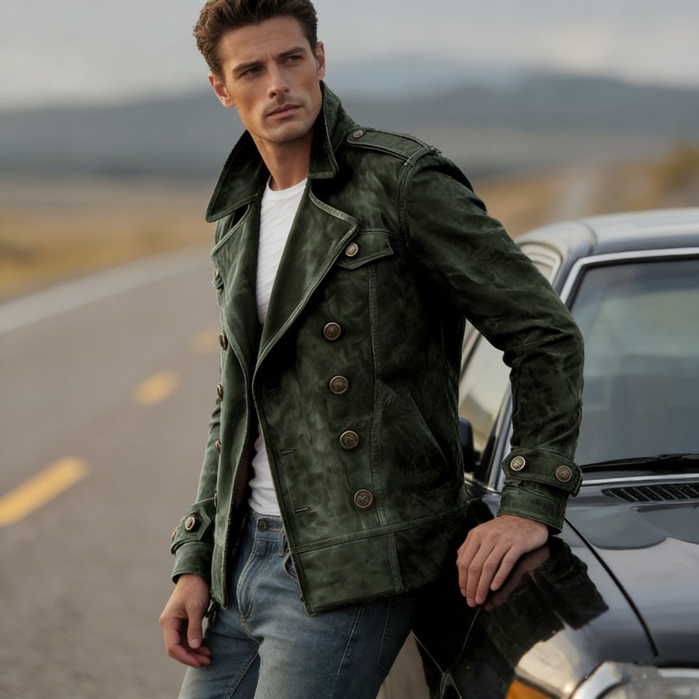 Herren Doppelreihige Lederjacke im Vintage-Look mit Schalkragen und Schulterklappen Drune