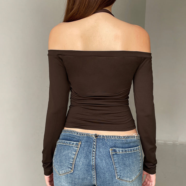 Damen Kurzgeschnittenes Schulterfreies Longsleeve mit Neckholder, Brustraffung und BindDruneand Drune