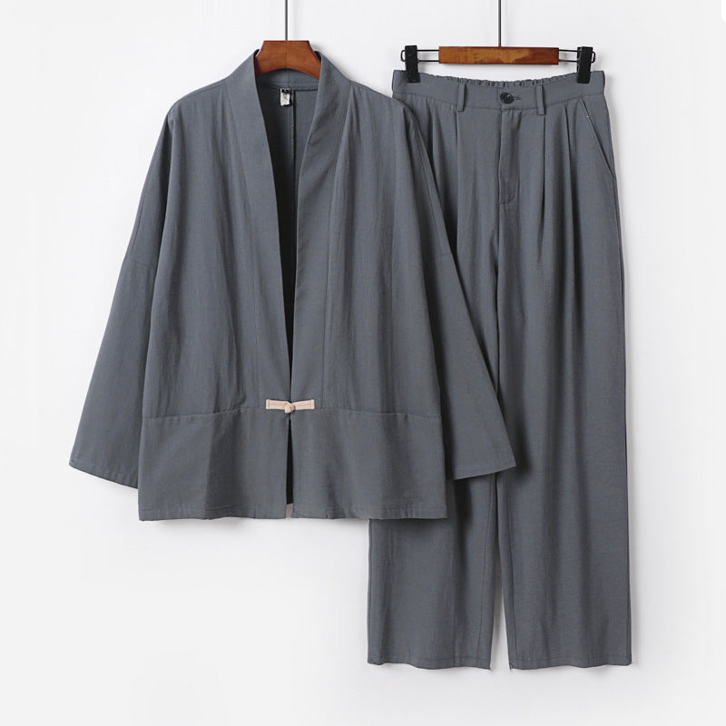 Damen Kimono-Lounge-Set aus leichtem Viskose-Leinen mit dekorativem Knebelverschluss und weiter Bundhose Drune