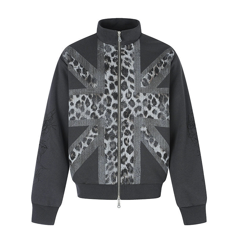 Damen Zip-Sweatjacke mit Stehkragen und Leoparden‑Union‑Jack‑Print Drune