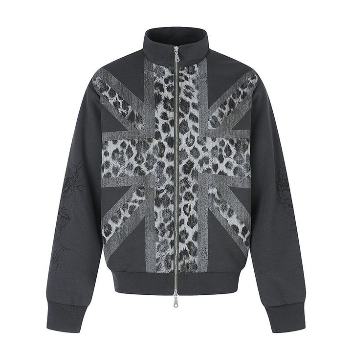 Damen Zip-Sweatjacke mit Stehkragen und Leoparden‑Union‑Jack‑Print Drune