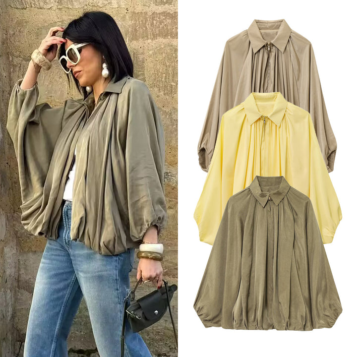 Damen Weite plissierte Hemdblusen-Jacke mit Hemdkragen, Reißverschluss und ballonförmigem Saum Drune