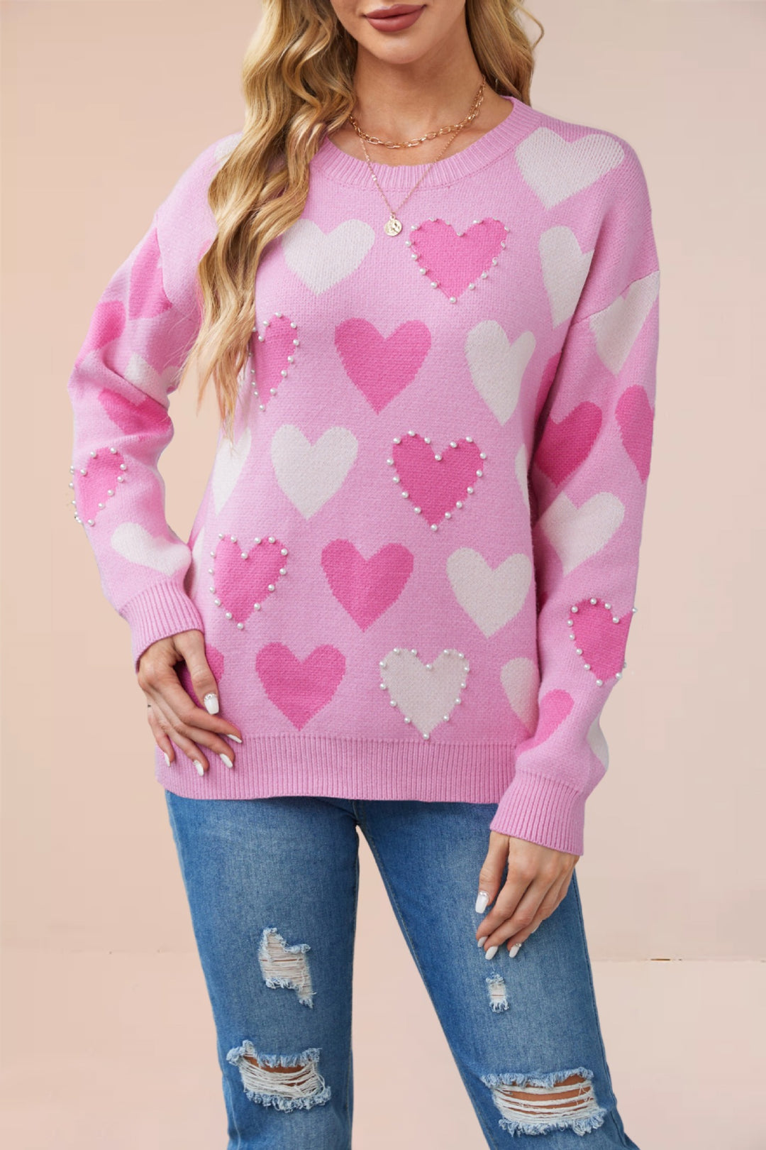 Damen Strickpullover mit Herzmuster und Perlendetails Drune