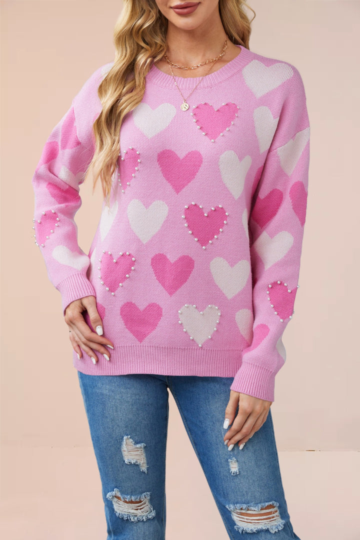 Damen Strickpullover mit Herzmuster und Perlendetails Drune