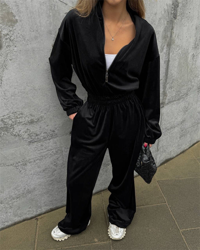Damen Velours-Overall mit Reißverschluss, elastischem Taillenbund und weitem Palazzo-Bein Drune