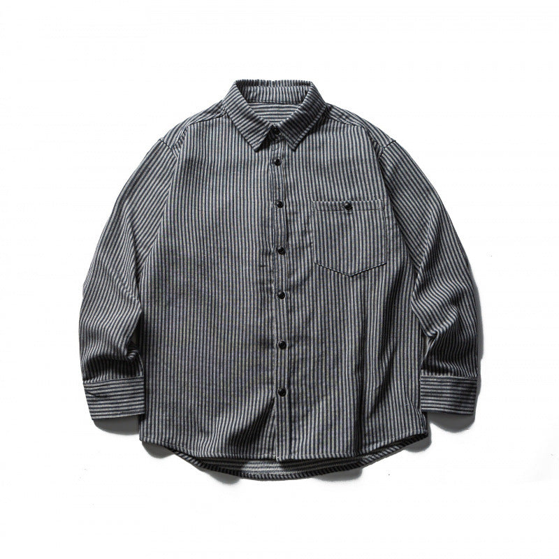 Herren Gestreiftes Oversize-Hemd aus gewaschenem Baumwollmix mit Brusttasche Drune