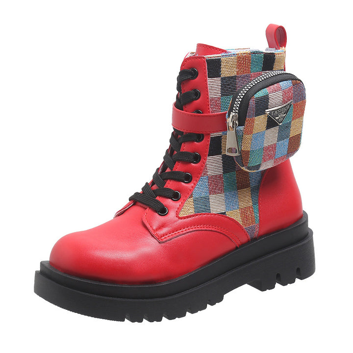 Damen modische Schnürstiefeletten mit buntem Riemendesign und praktischer Seitentasche Drune