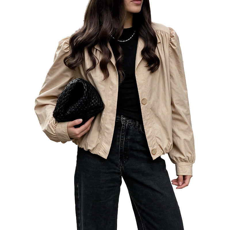 Damen Leichte Kurzjacke mit Ballonärmeln, Puffschultern & Gummizugsaum Drune