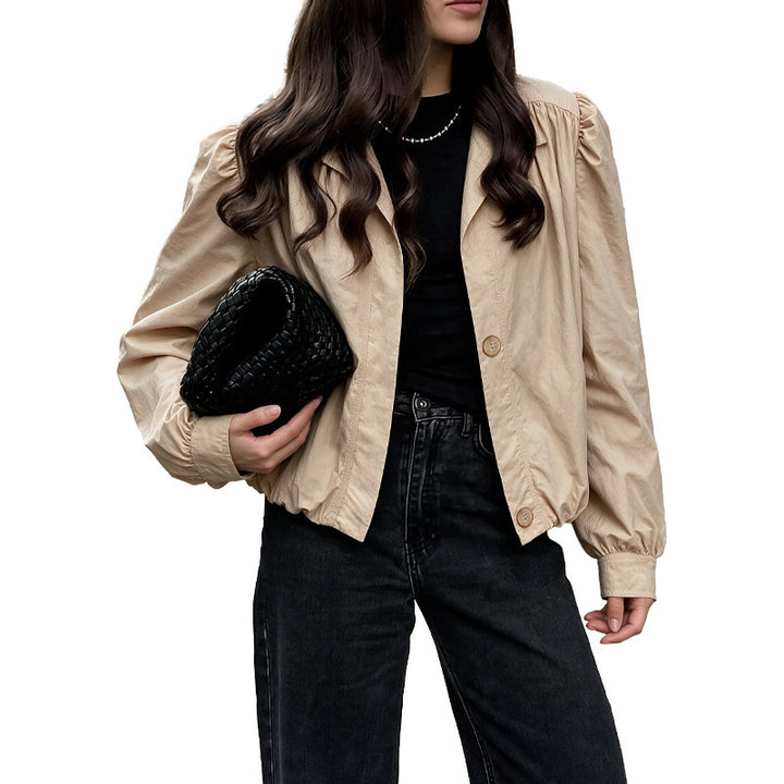 Damen Leichte Kurzjacke mit Ballonärmeln, Puffschultern & Gummizugsaum Drune
