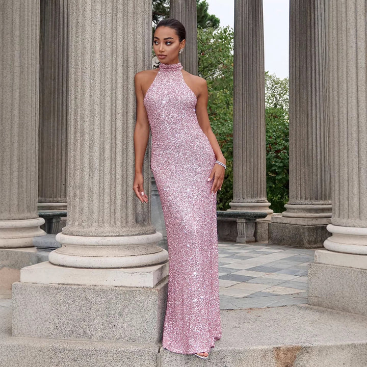 Damen Glitzerndes Abendkleid mit hohem Kragen und figurbetontem Schnitt Drune