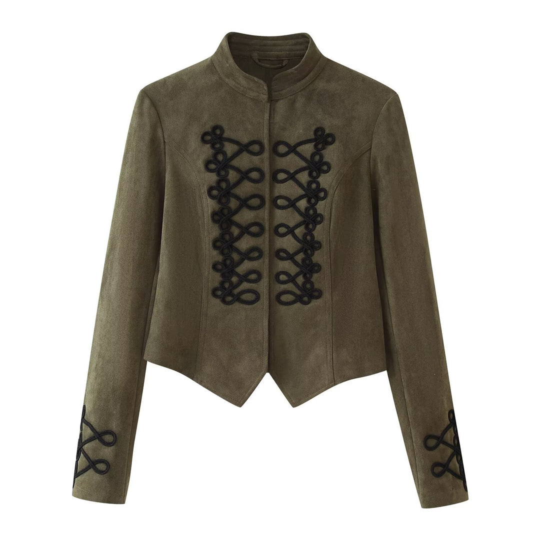 Damen Kurz geschnittene Wildlederjacke im Military‑Look mit Stehkragen und dekorativer Kordelfrosch‑Applikation Drune