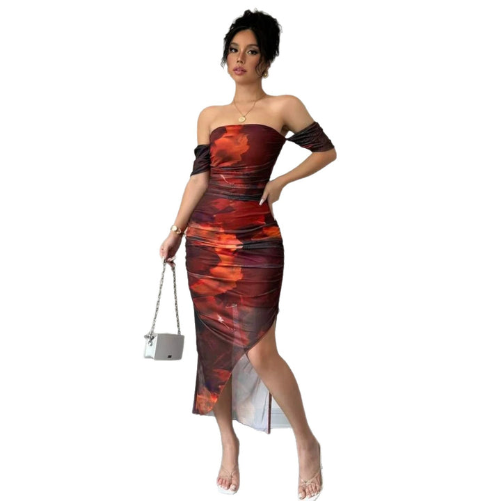 Damen elegantes Off-Shoulder Kleid mit raffinierten Rüschen Drune