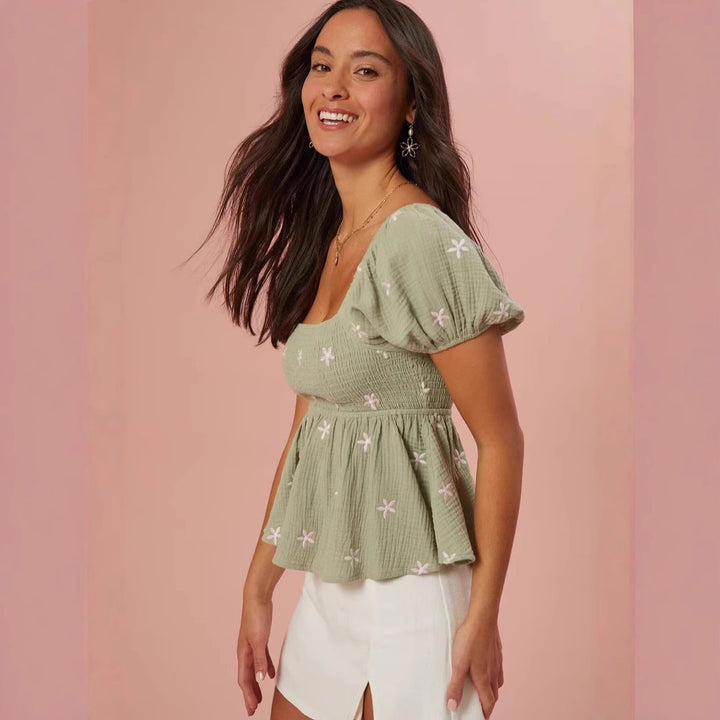 Damen Puffärmel Blusenshirt mit elastischem Bund Drune