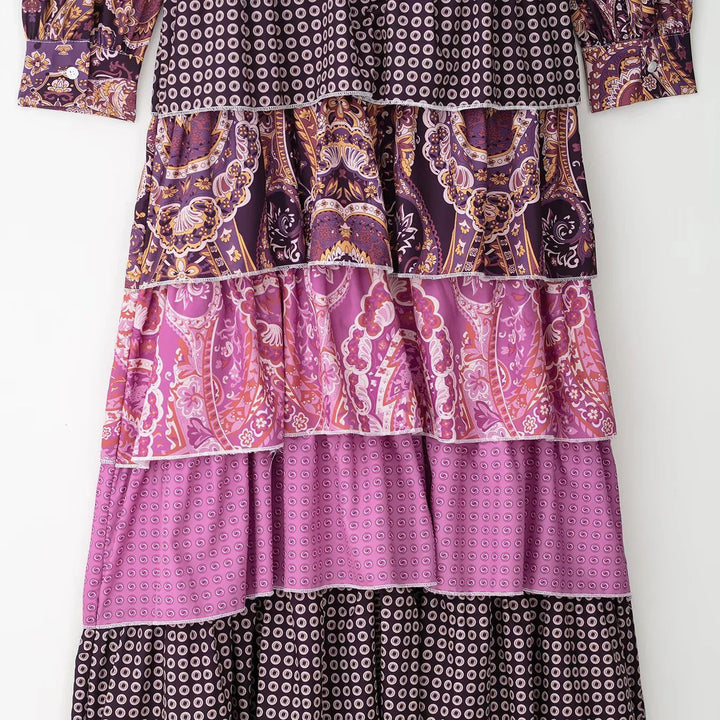 Damen nan gestuftes Maxikleid mit Paisley‑Patchwork, Schleifenkragen und langen Manschettenärmeln Drune