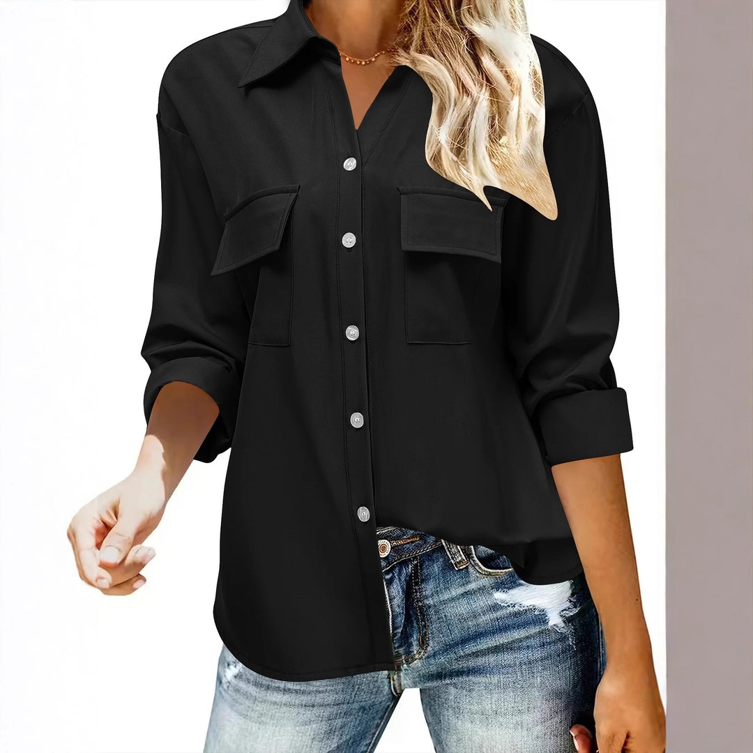 Damen Oversize-Hemdbluse mit Pattentaschen, durchgehender Knopfleiste und umgeschlagenen Ärmeln Drune