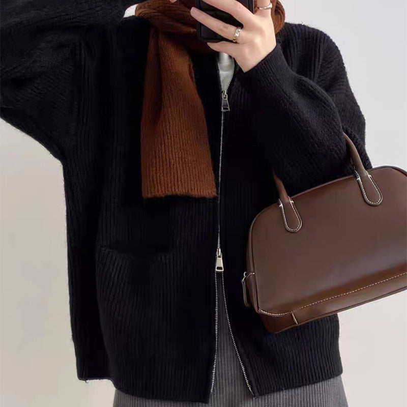 Damen lässige Strickjacke mit Reißverschluss und großen Taschen Drune