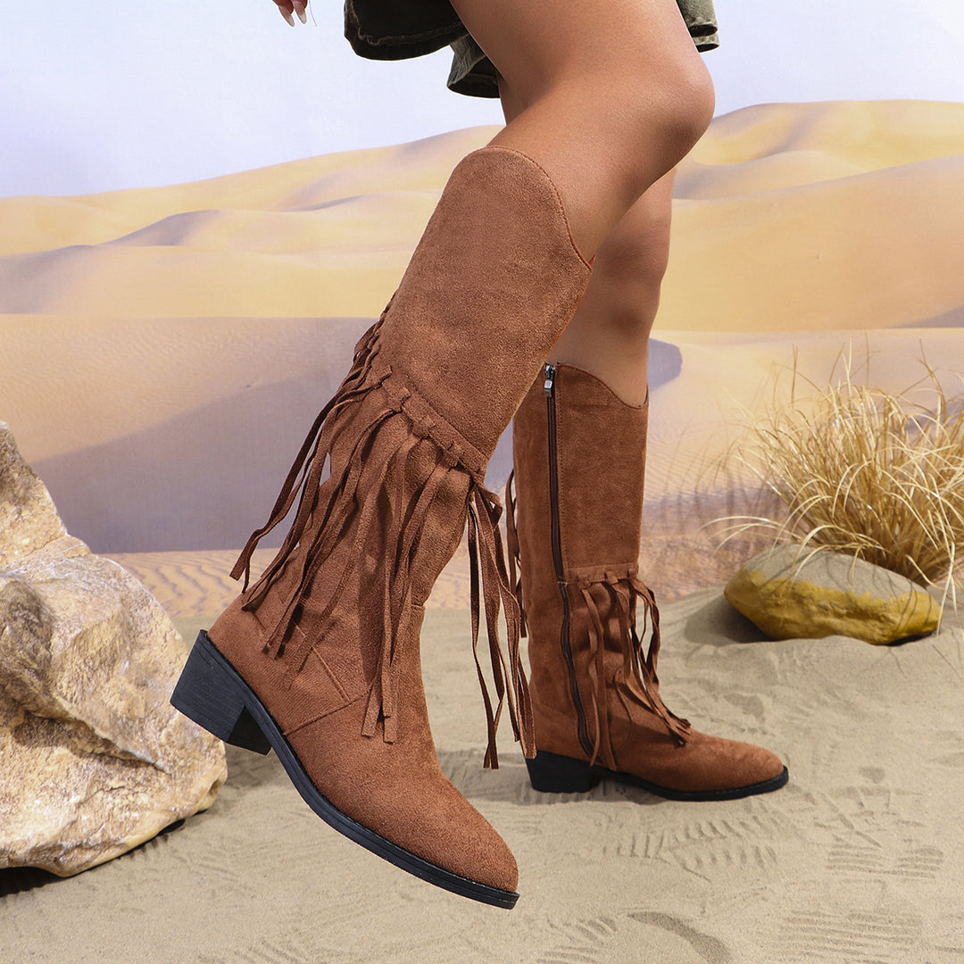 Damen Western-Kniestiefel mit Fransen, Wildlederoptik und mittelhohem Blockabsatz Drune