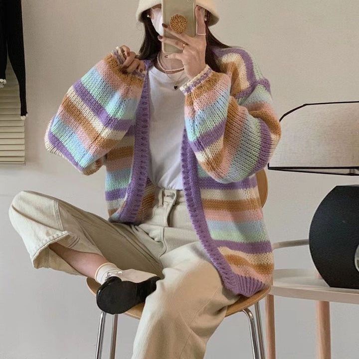 Damen Gemusterter Strickcardigan mit luftigen Ärmeln und sanften Farbverläufen Drune