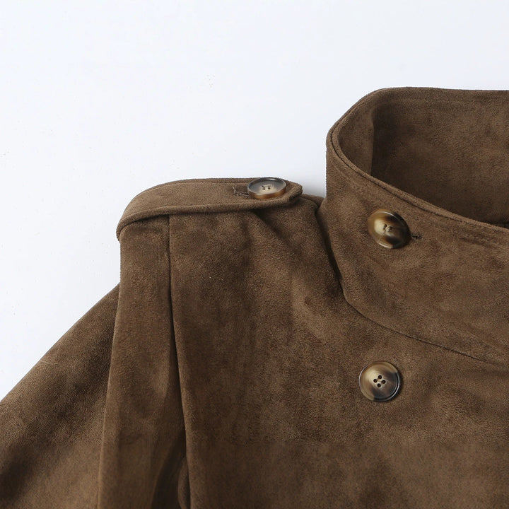 Damen Kurze Doppelreihige Velourslederjacke mit Stehkragen und Epauletten Drune