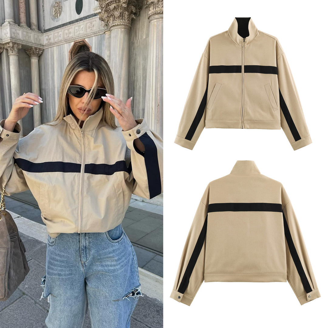 Unisex Kurz geschnittene Trackjacke mit Stehkragen, Kontraststreifen und Reißverschluss Drune