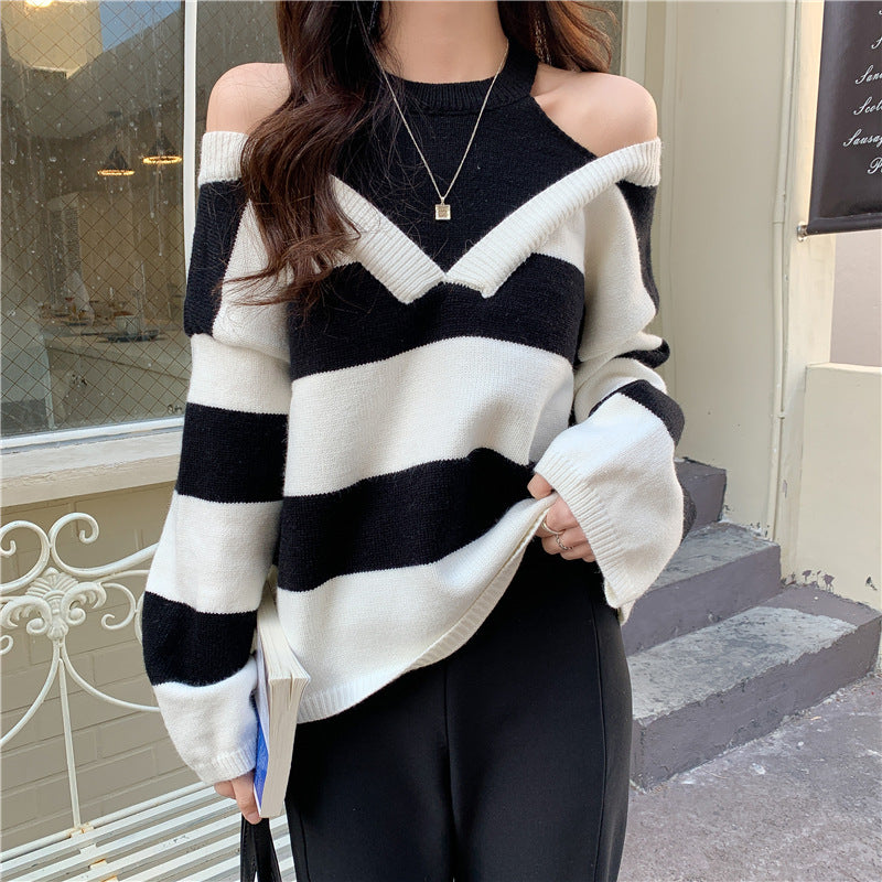 Damen Lässiger Pullover mit modernem Streifenmuster und Schulterfreischnitten Drune