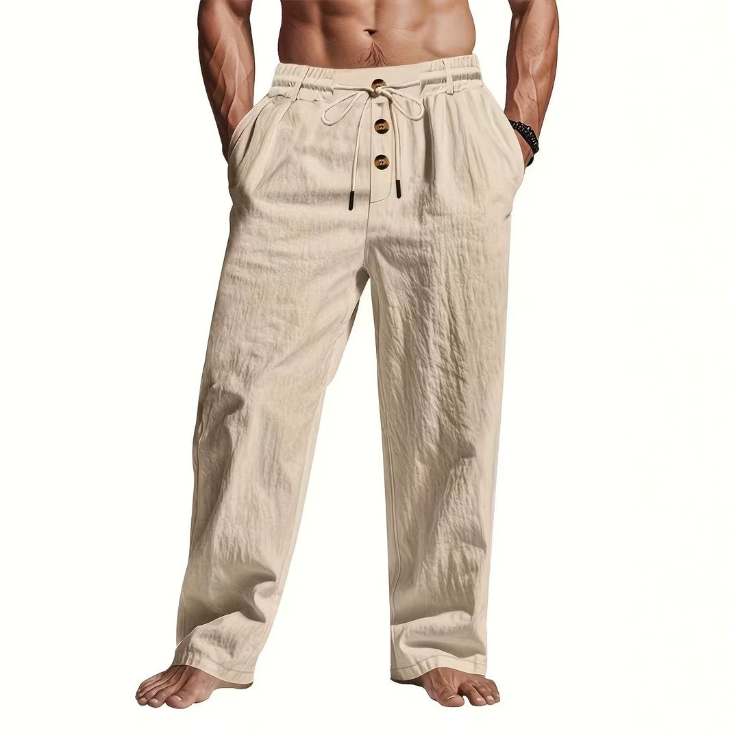 Herren Bequeme Strandhose mit Kordelzug und Holzknöpfen Drune